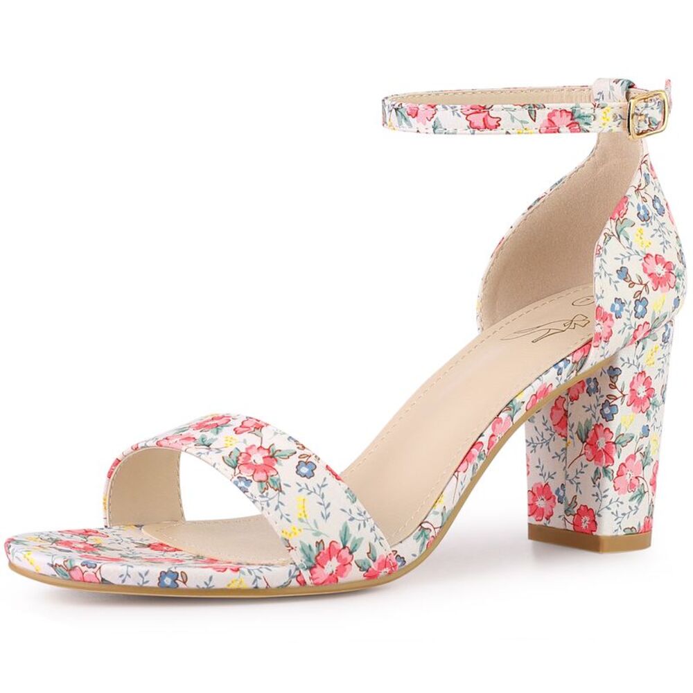 Floral Printed Open Toe Ankle Strap Chunky Heel Sandals Red Flower